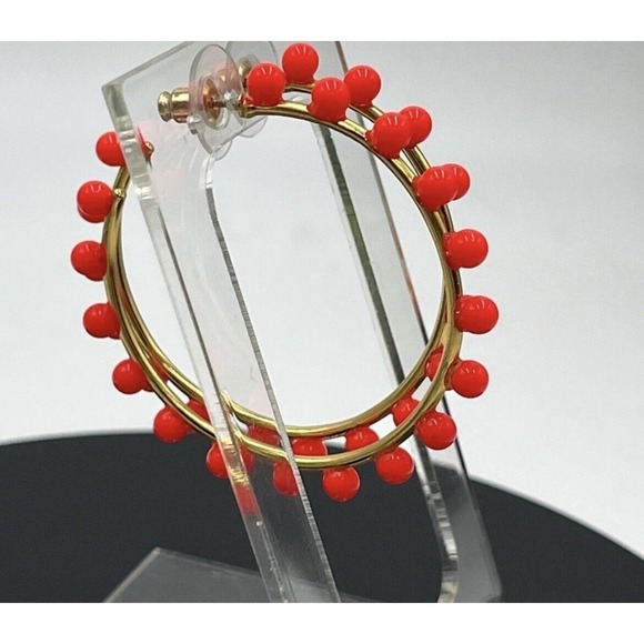 J. Crew Neon Orange Beaded Gold Tone Hoop Earrings - Picture 4 of 13